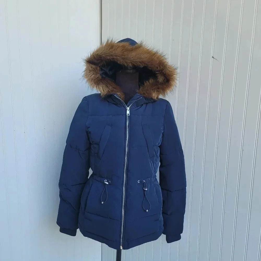 Divided Puffer Faux Brown Fur Lined Navy Blue Shiny Women's Jacket Size 4